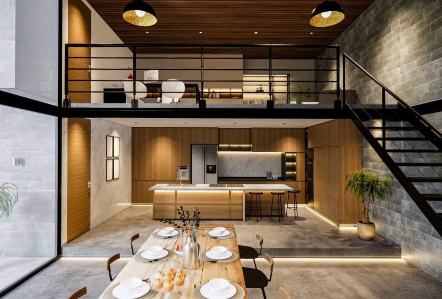 intérieur moderne d'un appartement duplex avec escaliers